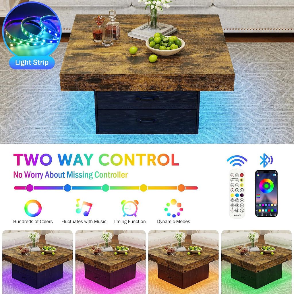 Square Coffee Table with LED Lights, 35.4' Coffee Tables for Living Room, Engineered Wood Modern Center Table with 2 Drawers for Home, Office (Black)