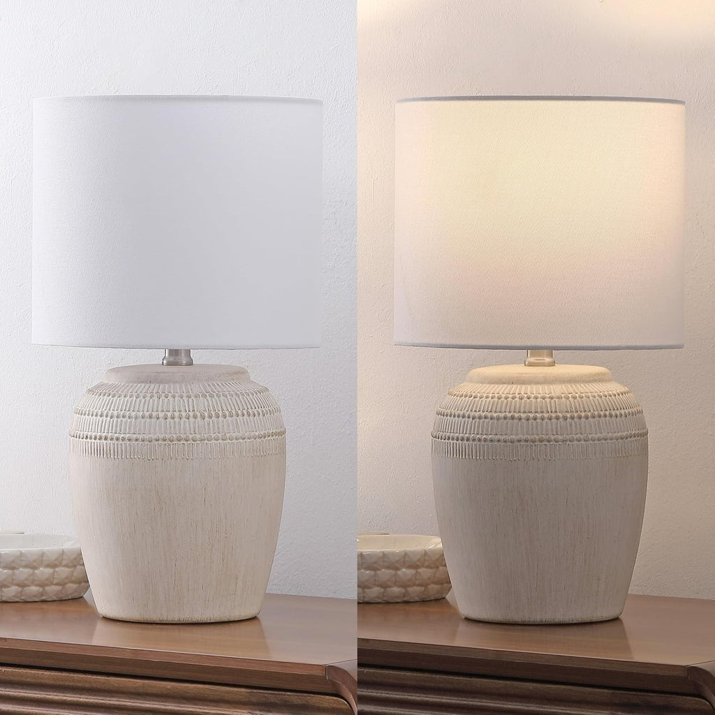 JONATHAN Y 16.75' Antique White/Nickel Ceramic Table Lamp Set of 2, Rustic Traditional Reeded Vase Lamps with White Linen Shade for Bedroom Living Room Decor (JYL5707B-SET2)