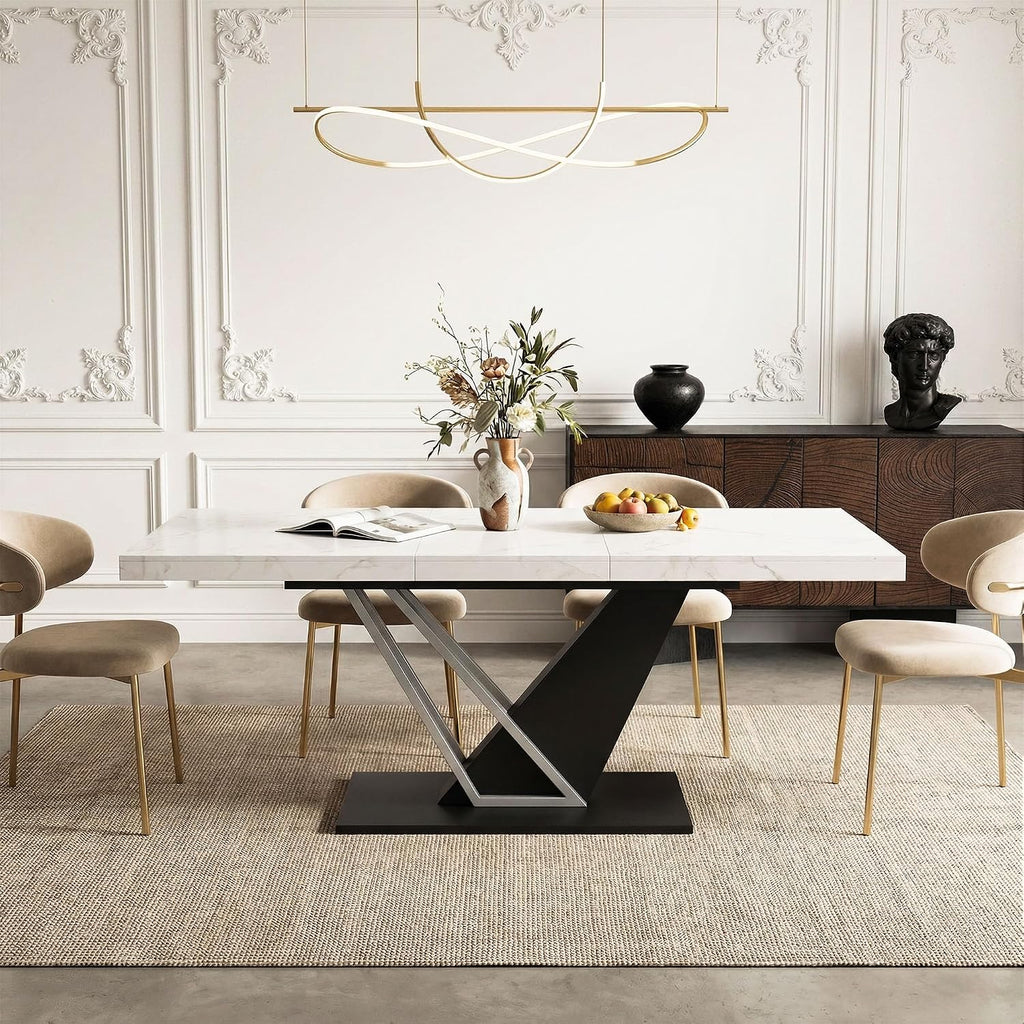 COSIEST 59'' to 78.7'' Extendable Dining Table for 4-8, Faux Marble Expandable Kitchen Table with Sturdy Metal Base, Rectangle Dinner Table for Small Space, Dining Room, Living Room, White
