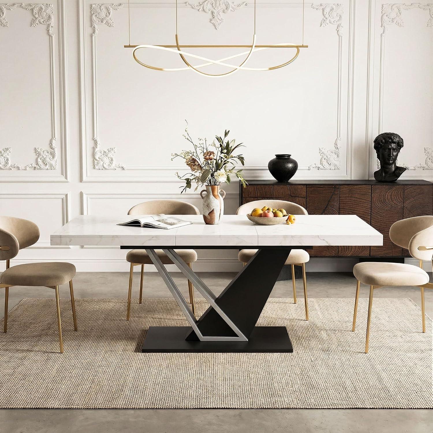 COSIEST 59'' to 78.7'' Extendable Dining Table for 4-8, Faux Marble Expandable Kitchen Table with Sturdy Metal Base, Rectangle Dinner Table for Small Space, Dining Room, Living Room, White
