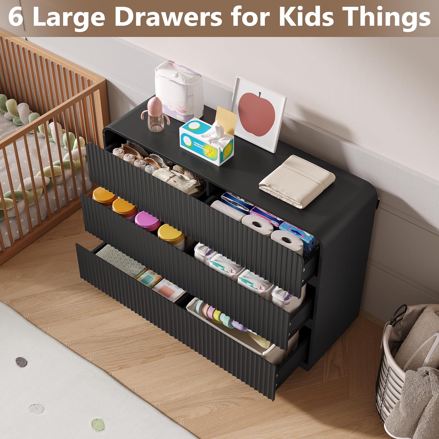 BORNOON Dresser for Bedroom with 6 Drawers, Fluted Chest of Drawers with Round Curved Corner, Hidden Handles, Modern Wood Storage Organizer for Bedroom, Nursery, Living Room