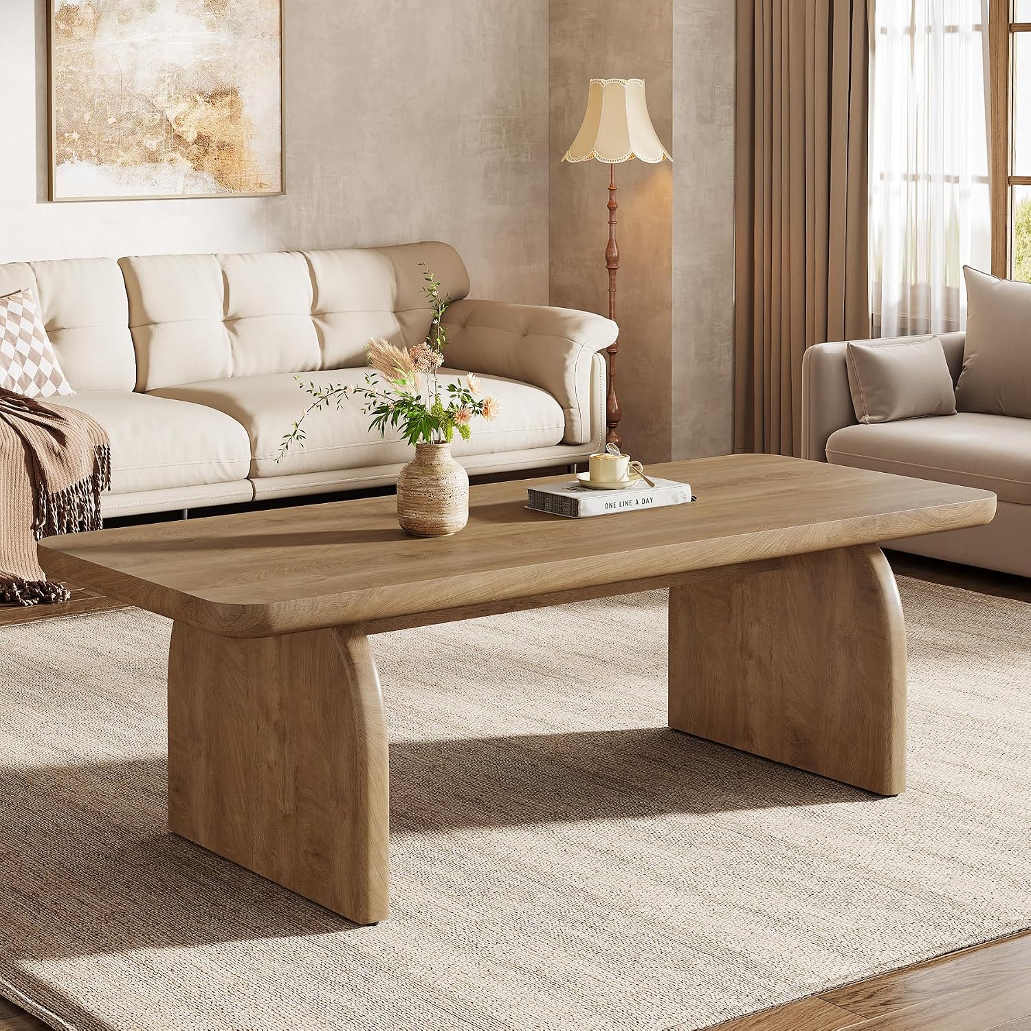 Tribesigns Farmhouse Coffee Table for Living Room, 47-Inch Mid-Century Rectangular Center Table with Rounded Corners, Modern Low Large Cocktail Tea Furniture, Easy Assembly (Natural Brown)
