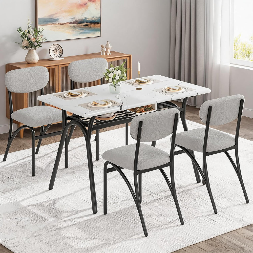 GarveeHome 5-Piece Dining Table Set for 4, Modern Kitchen Table with 4 Boucle Chairs, Rectangular Dining Table with Storage Shelf & Marble Tabletop, Beige Home Dining Furniture for Small Space