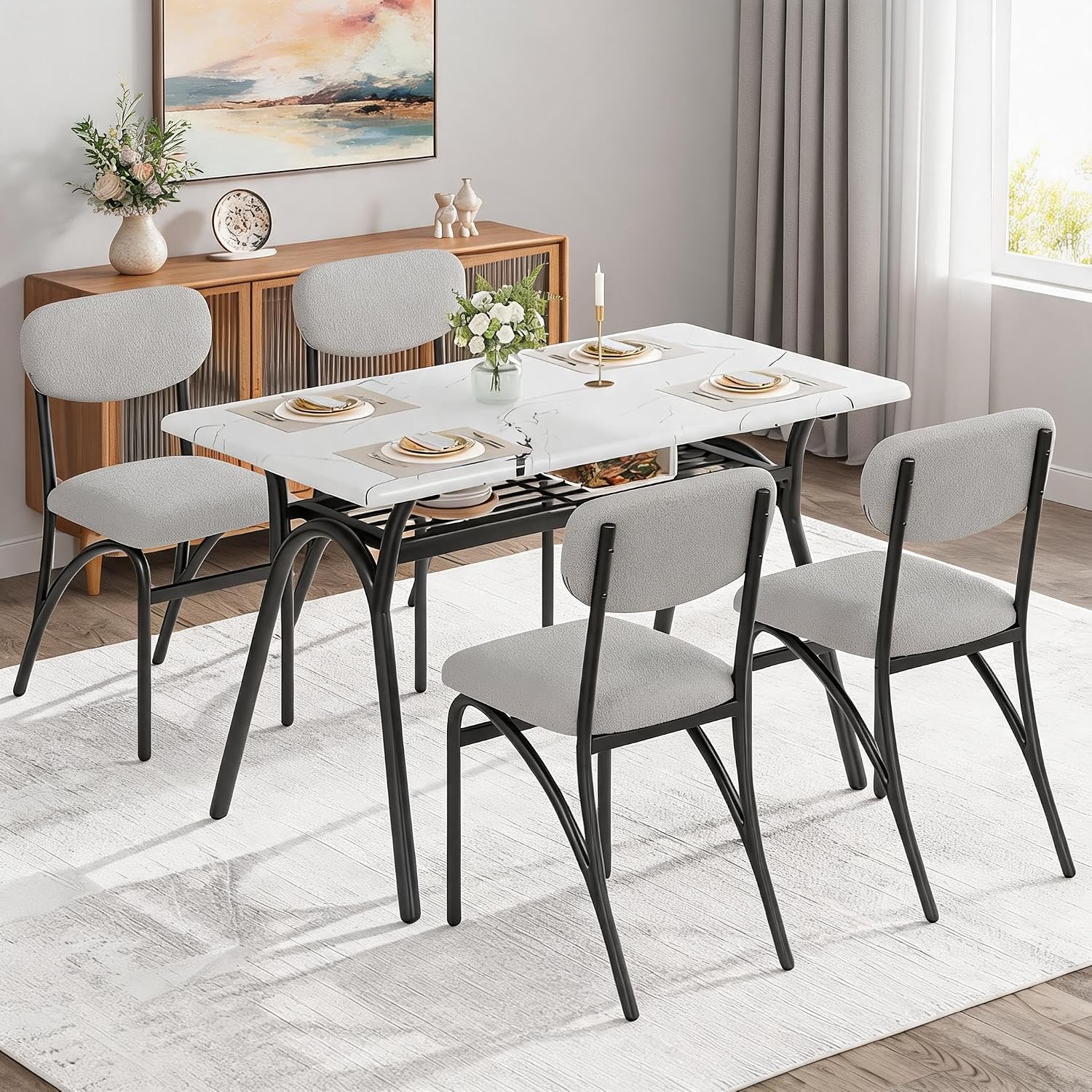 GarveeHome 5-Piece Dining Table Set for 4, Modern Kitchen Table with 4 Boucle Chairs, Rectangular Dining Table with Storage Shelf & Marble Tabletop, Beige Home Dining Furniture for Small Space