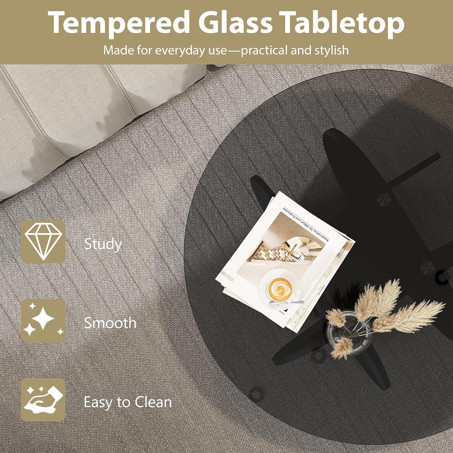 Glass Coffee Table, Round Coffee Table with Petal-Inspired Base, Modern Minimalist Coffee Table for Decoration, Black Coffee Tables for Living Room, Study Room, Office