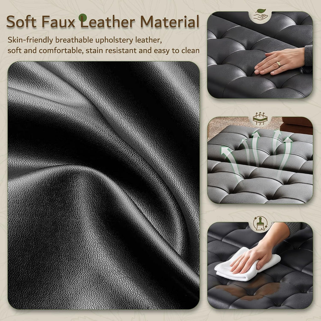 LINLUX 35.5 Inch Large Leather Storage Ottoman, Extra Large Square Lift Top Ottoman Coffee Table with Storage, Tufted Leather Ottoman Footrest Toy Box for Living Room, Black