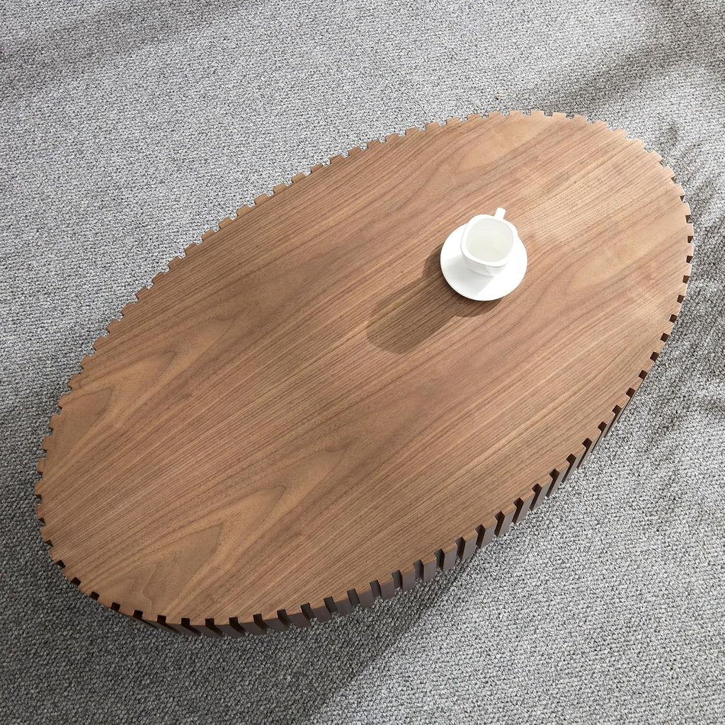 Oval Coffee Table for Living Room Fluted Coffee Table with Pedestal 43.7' Modern Wood Olive-Shaped Center Table for Apartment Easy Assembly Walnut