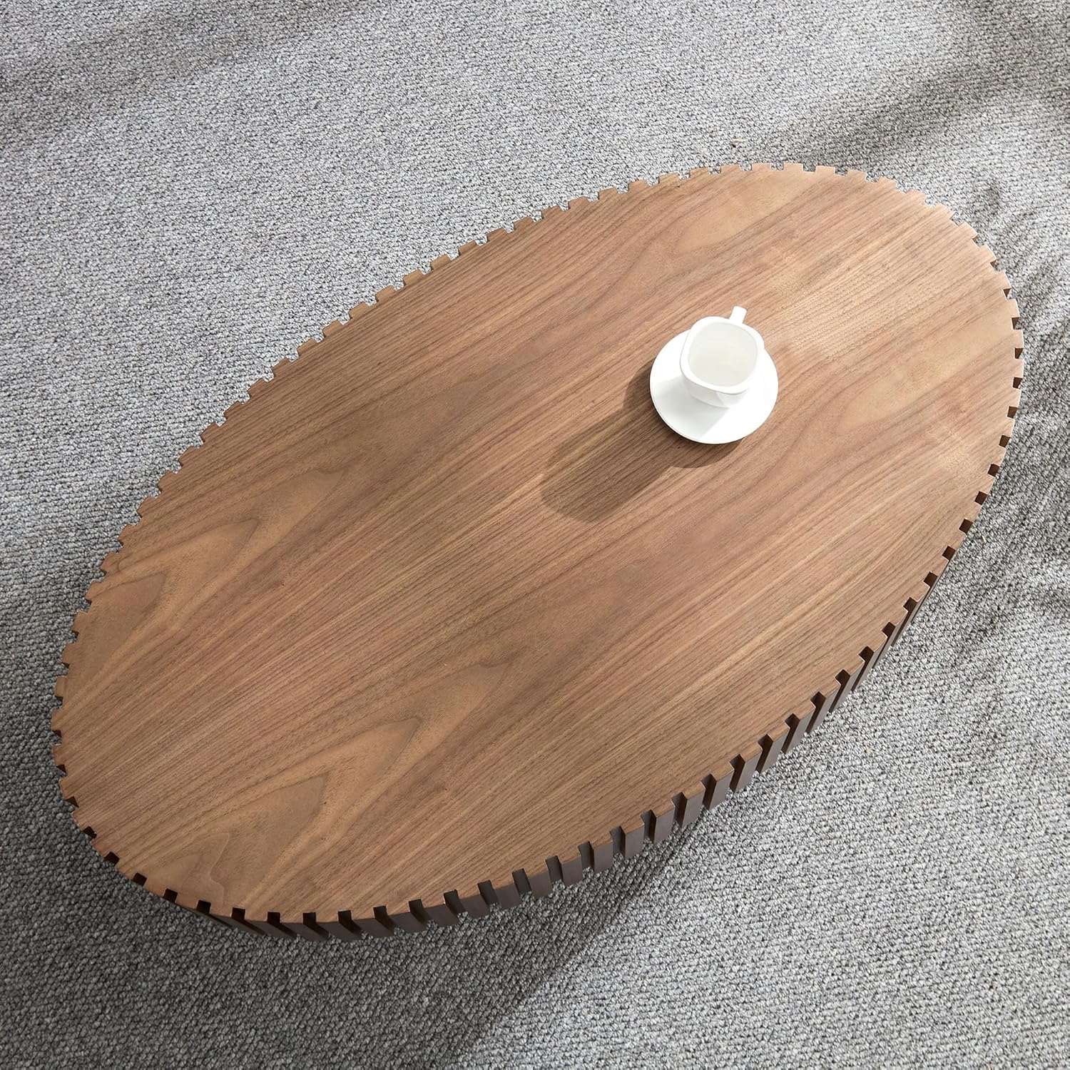 Oval Coffee Table for Living Room Fluted Coffee Table with Pedestal 43.7' Modern Wood Olive-Shaped Center Table for Apartment Easy Assembly Walnut