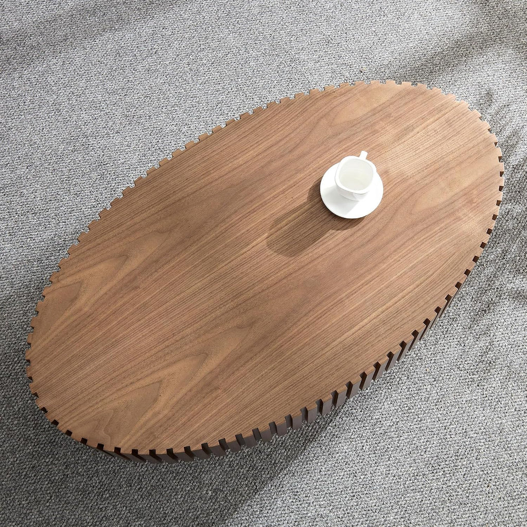 Walnut Oval Coffee Table - Modern Wood Coffee Table for Living Room, Contemporary Circle Fluted Drum Design, Easy Assembly (43.7'' x 24.8'' x 13.38'')