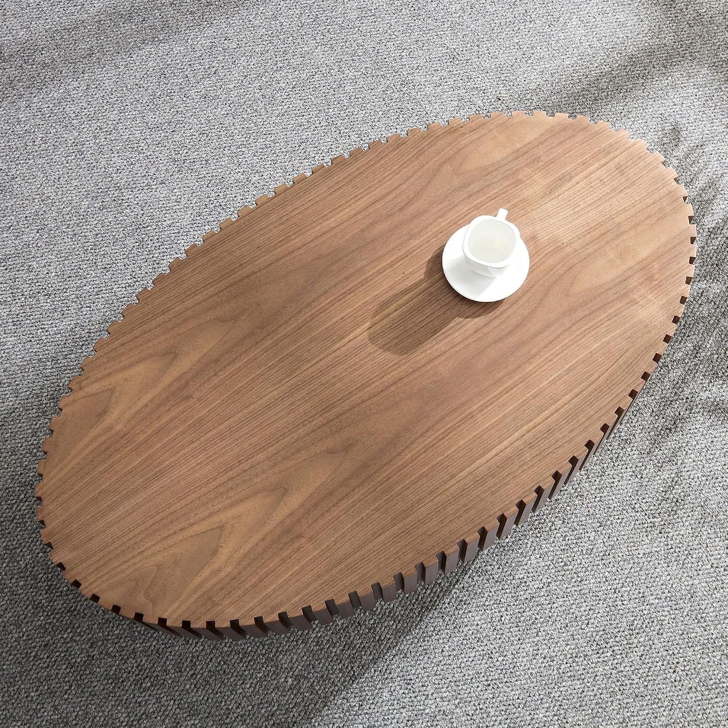 Walnut Oval Coffee Table - Modern Wood Coffee Table for Living Room, Contemporary Circle Fluted Drum Design, Easy Assembly (43.7'' x 24.8'' x 13.38'')