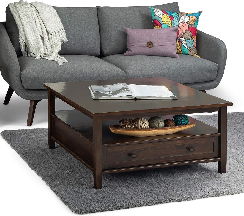 SIMPLIHOME Warm Shaker Square Coffee Table - 36 inch Wide Solid Wood Cocktail Table in Tobacco Brown, Transitional Living Room Table with Large Storage Drawer and Open Shelf for Sitting Area
