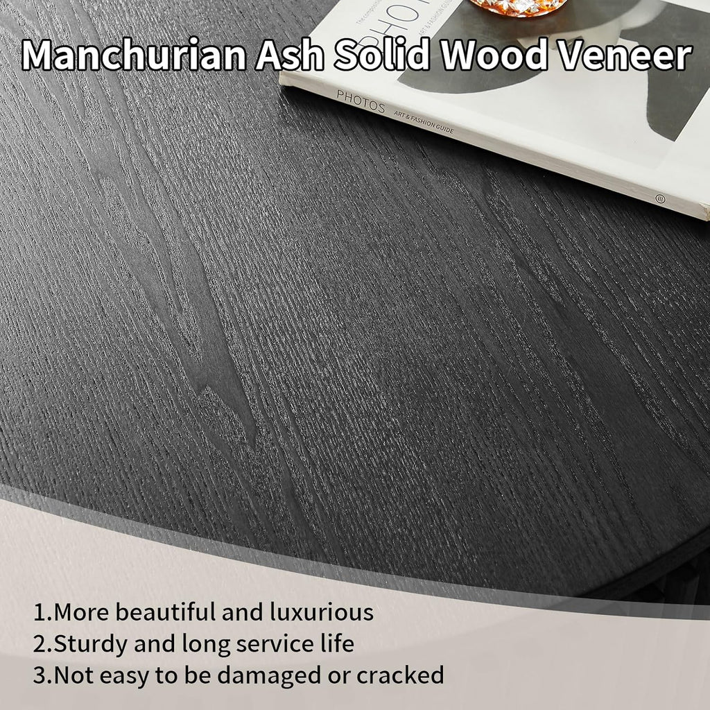 Round Coffee Table with Storage, Small Solid Wood Coffee Table for Living Room, Mid Century Modern Circle Center Tables for Small Space Apartment (31.5''D×14''H-Black)