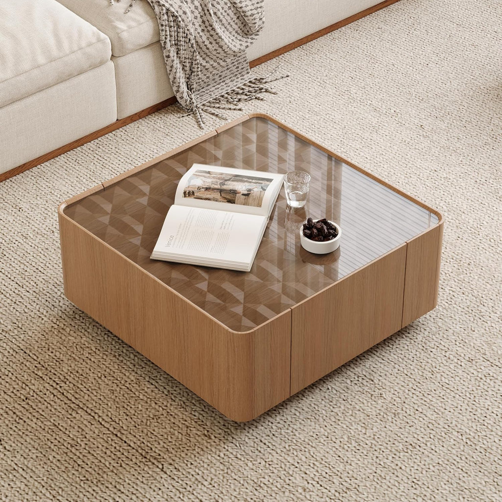 31.5' Square Coffee Table with Glass Tabletop, Mid Century Modern Wood Coffee Table with Drawer, Contemporary Center Table Safe Curved Corners for Living Room, Oak