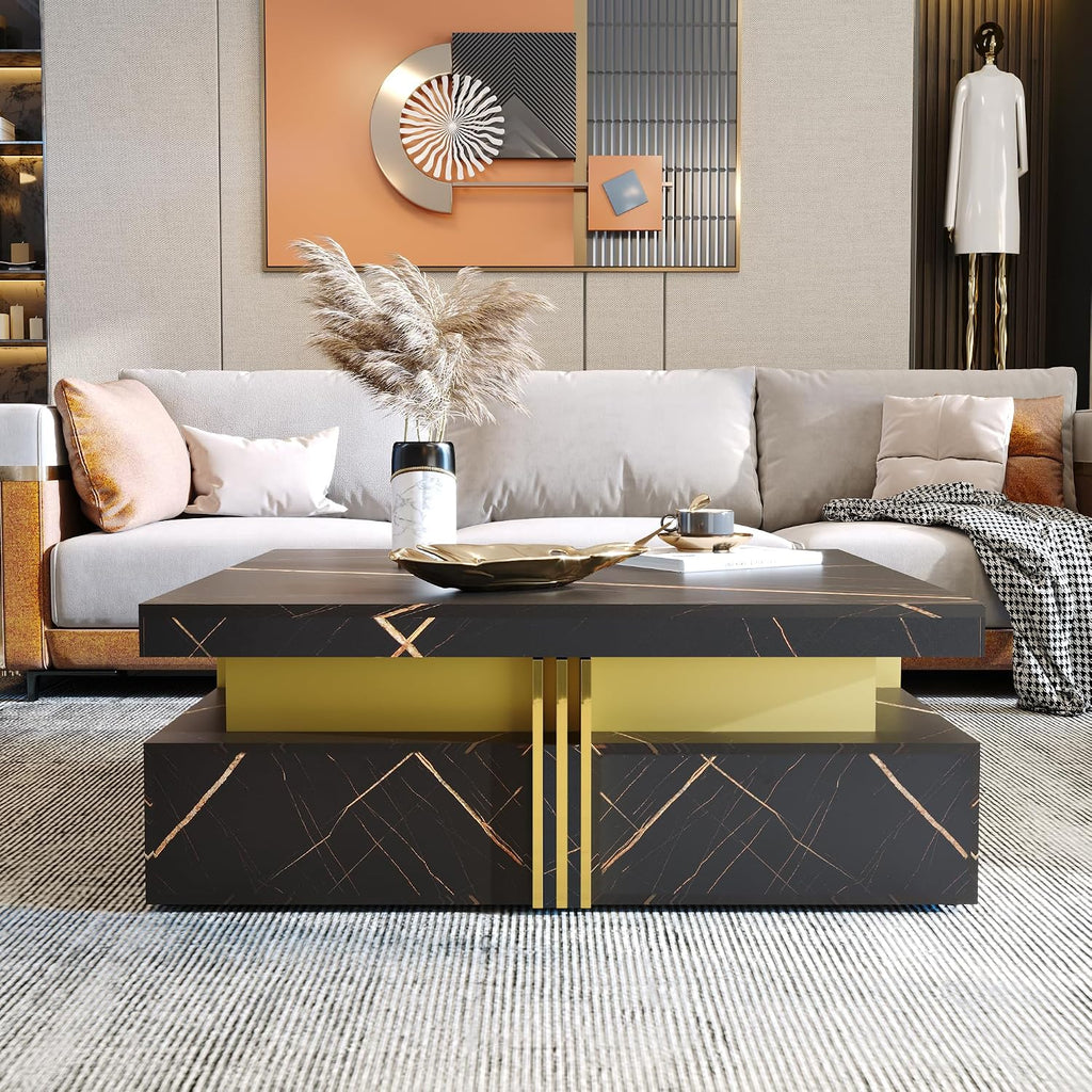 Modern Black Square Storage Coffee Table with 4 Drawers for Living Room