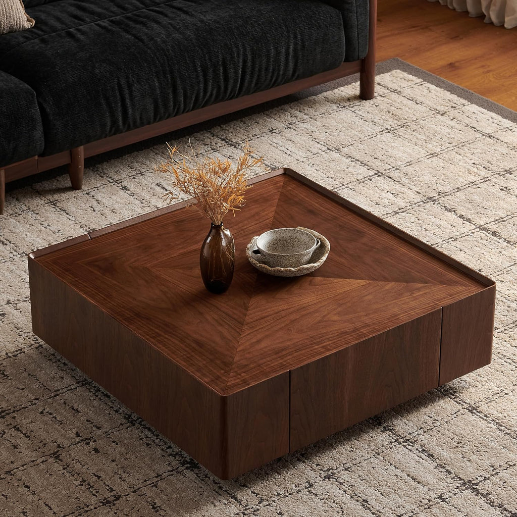 WILLIAMSPACE 35.43' Square Coffee Table with 2 Drawers Storage, Modern Drum Center Table Tea Table for Living Room Apartment, No Need Assembly - Walnut