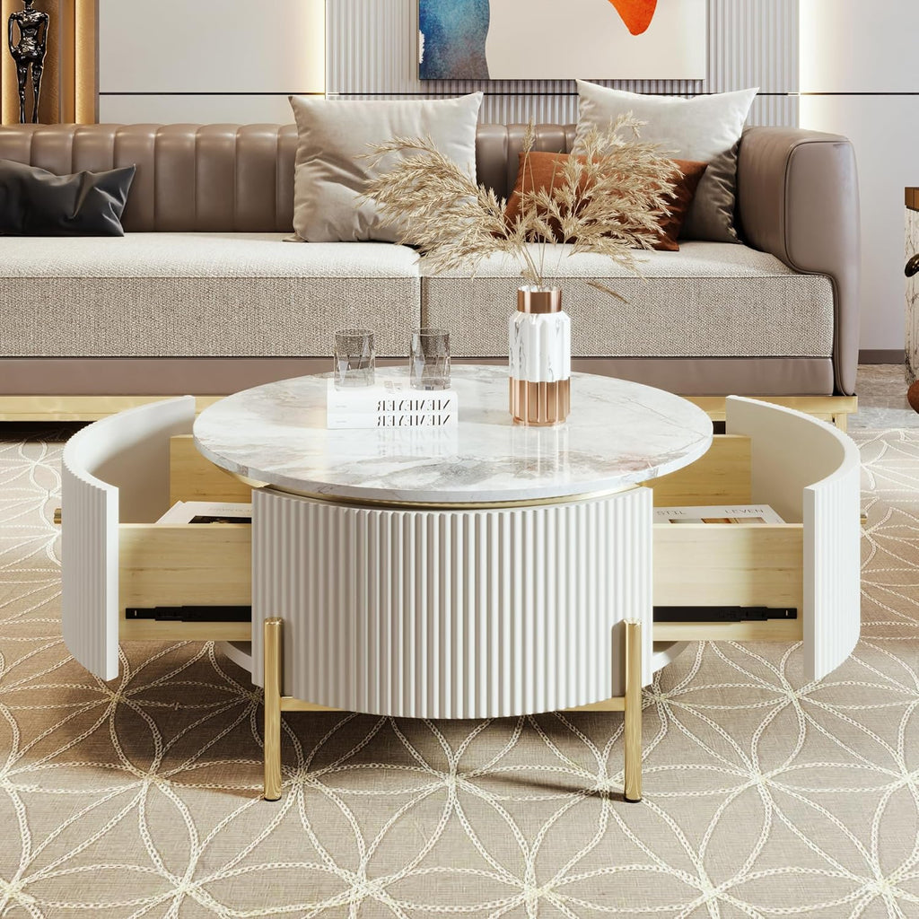 JUSTONE Modern Round White & Gold Coffee Table with Drawers,Drum Coffee Table with Golden Legs Circular Center Table with Marble Pattern Top for Living Room Apartment Office-White