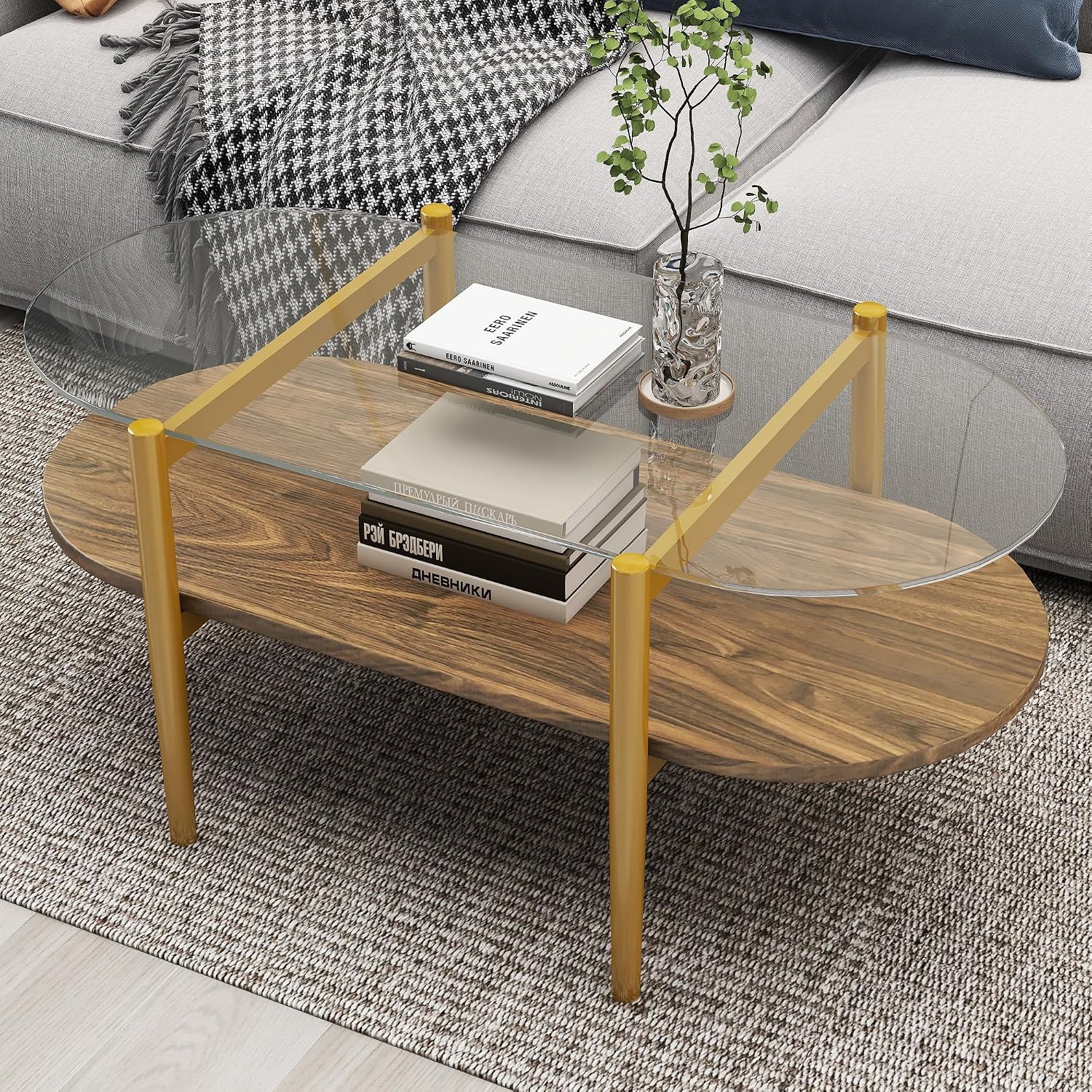 Modern Oval Glass Coffee Tables, 2-Tier Mid Century Modern Center Table, Tempered Glass Tabletop & Golden Metal Frame, Living Room, Office