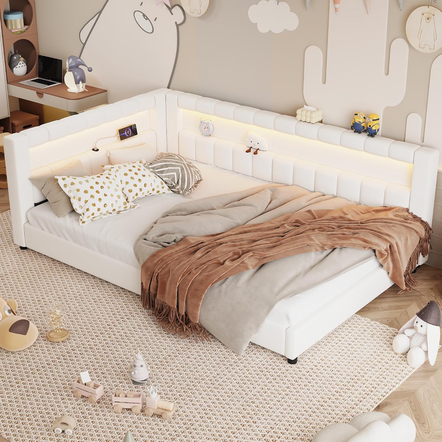Upholstered Full XL Size Daybed with LED and USB Ports, L-Shaped Corner Day Bed with Storage Shelves Headboard,Space Saving for Girls Adults Kids Boys, White