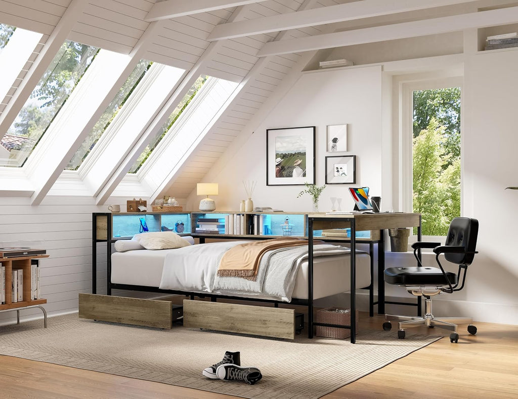 GDFStudio Twin Size Bed Frame with 2 Storage Drawers, Corner Platform Twin Bed with Desk and Bookcase Shelves, LED Light and Charging Station, Metal and Wood Twin Bed Frame, No Box Spring Needed, Grey