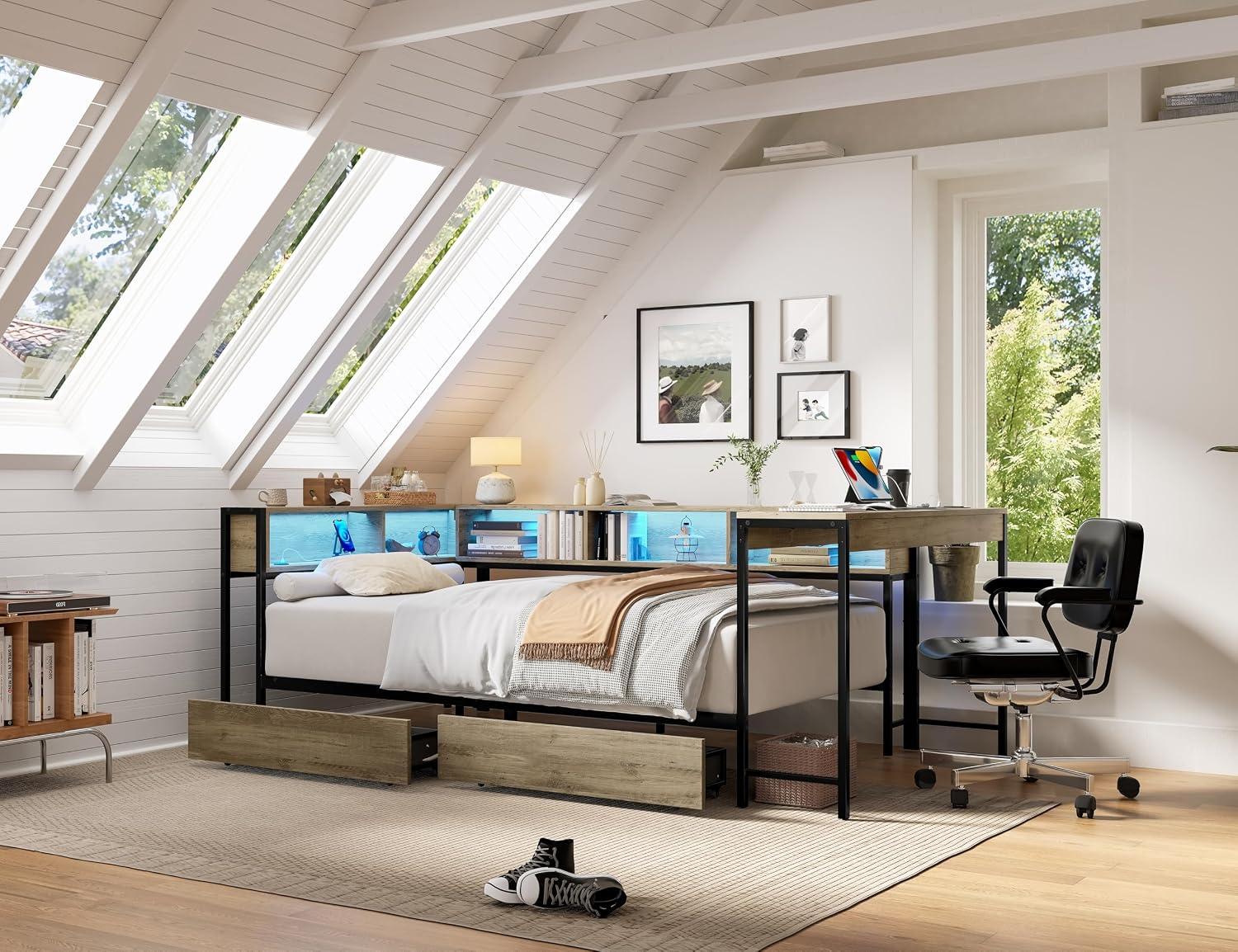 GDFStudio Twin Size Bed Frame with 2 Storage Drawers, Corner Platform Twin Bed with Desk and Bookcase Shelves, LED Light and Charging Station, Metal and Wood Twin Bed Frame, No Box Spring Needed, Grey