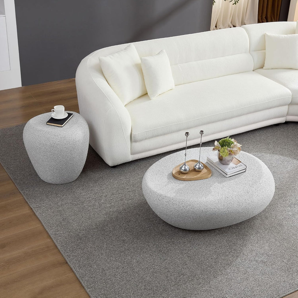 WILLIAMSPACE Faux Stone Coffee Table Set of 2 with Grainy Rocks for Living Room, Modern Irregular Oval Curved Center Table Set, Accent Travertine Drum Fiberglass Tea Table, No Assembly (Beige)