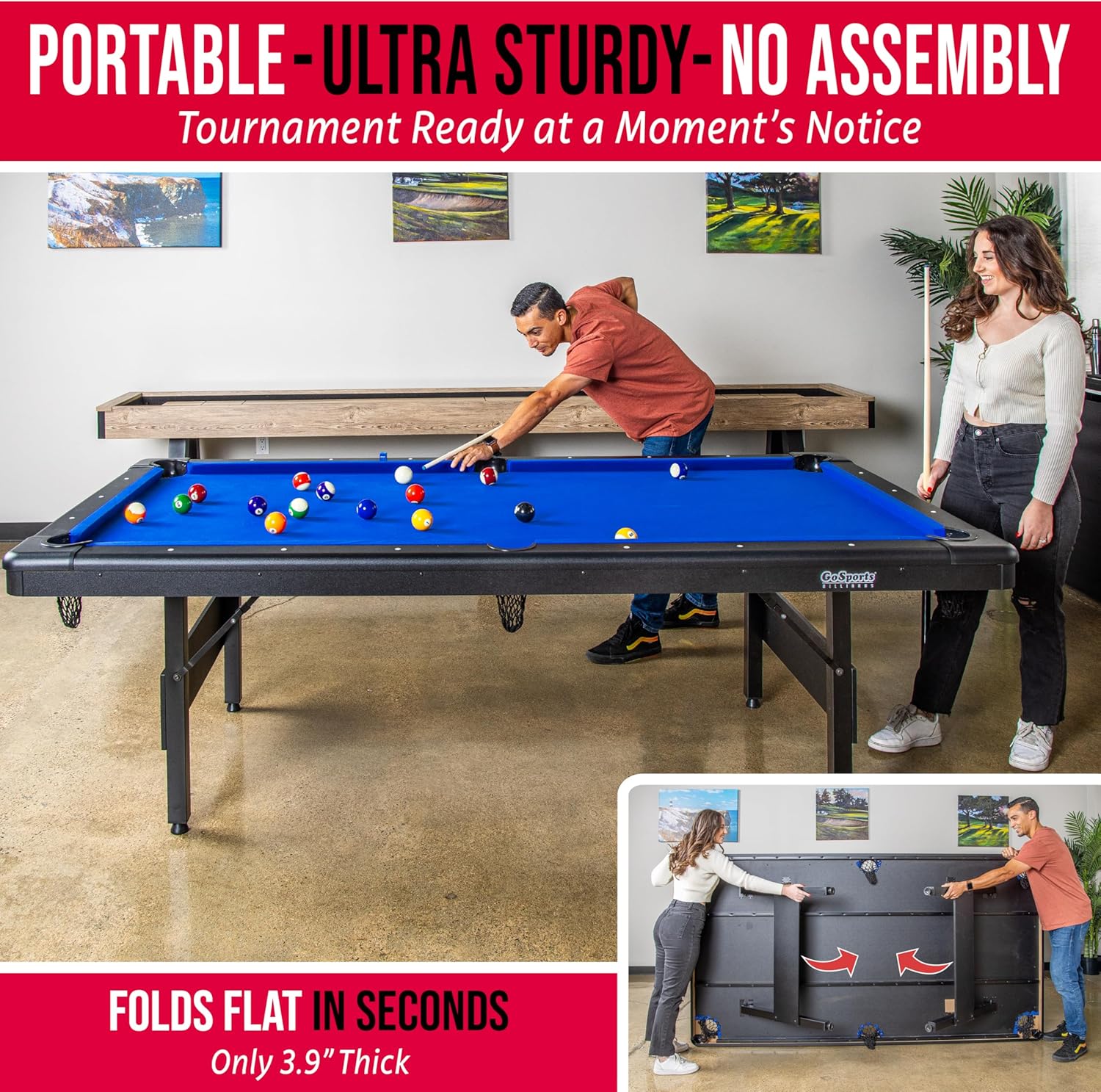 GoSports 6, 7, or 8 ft Billiards Tables - No Assembly, Choose Your Color - Portable Pool Table Includes Full Set of Balls, 2 Cue Sticks, Chalk and Felt Brush