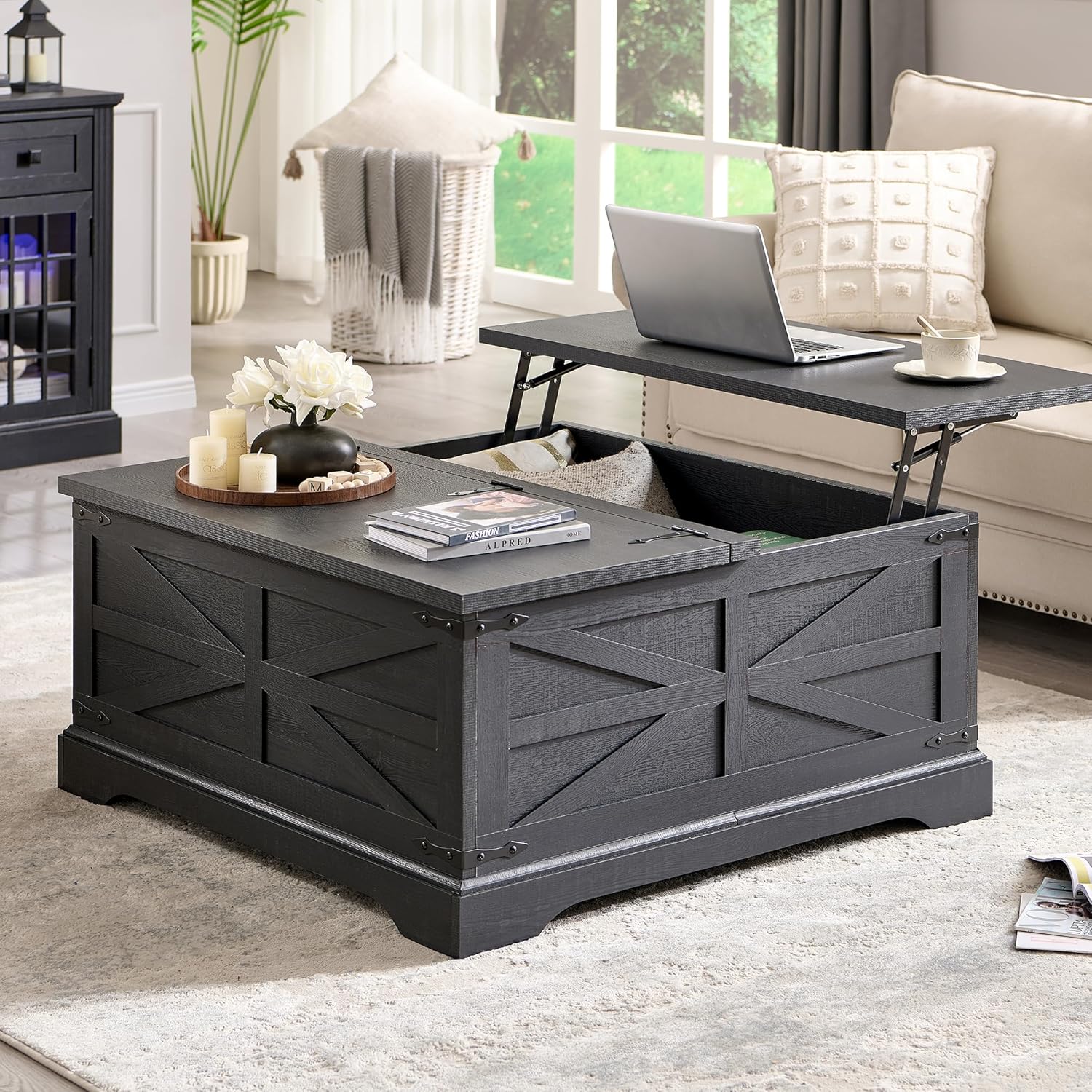JXQTLINGMU 36' Lift Top Coffee Table with Storage, Farmhouse Square Center Table with Large Hidden Compartment, Wood Lift Tabletop Dining Table for Home Living Room, Black