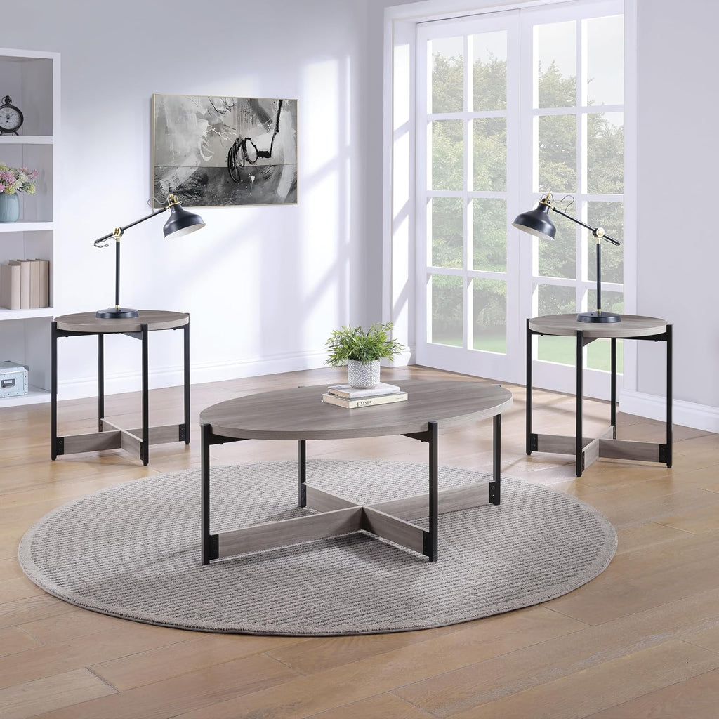OSP Home Furnishings 3 Piece Occasional Table Set for Livingroom; One Coffee Table and Two Side Tables, Grey Woodgrain Finish with Black Metal