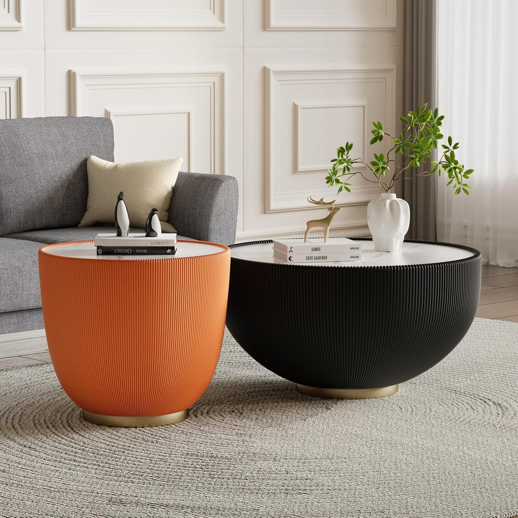 Round Coffee Table Set with Sintered Stone Tabletop, 27.56' Black Drum Center Table and 19.69' Orange Coffee Table Set, 2 Pieces Living Room Table Set with Fluted PU Leather Cover& Metal Base