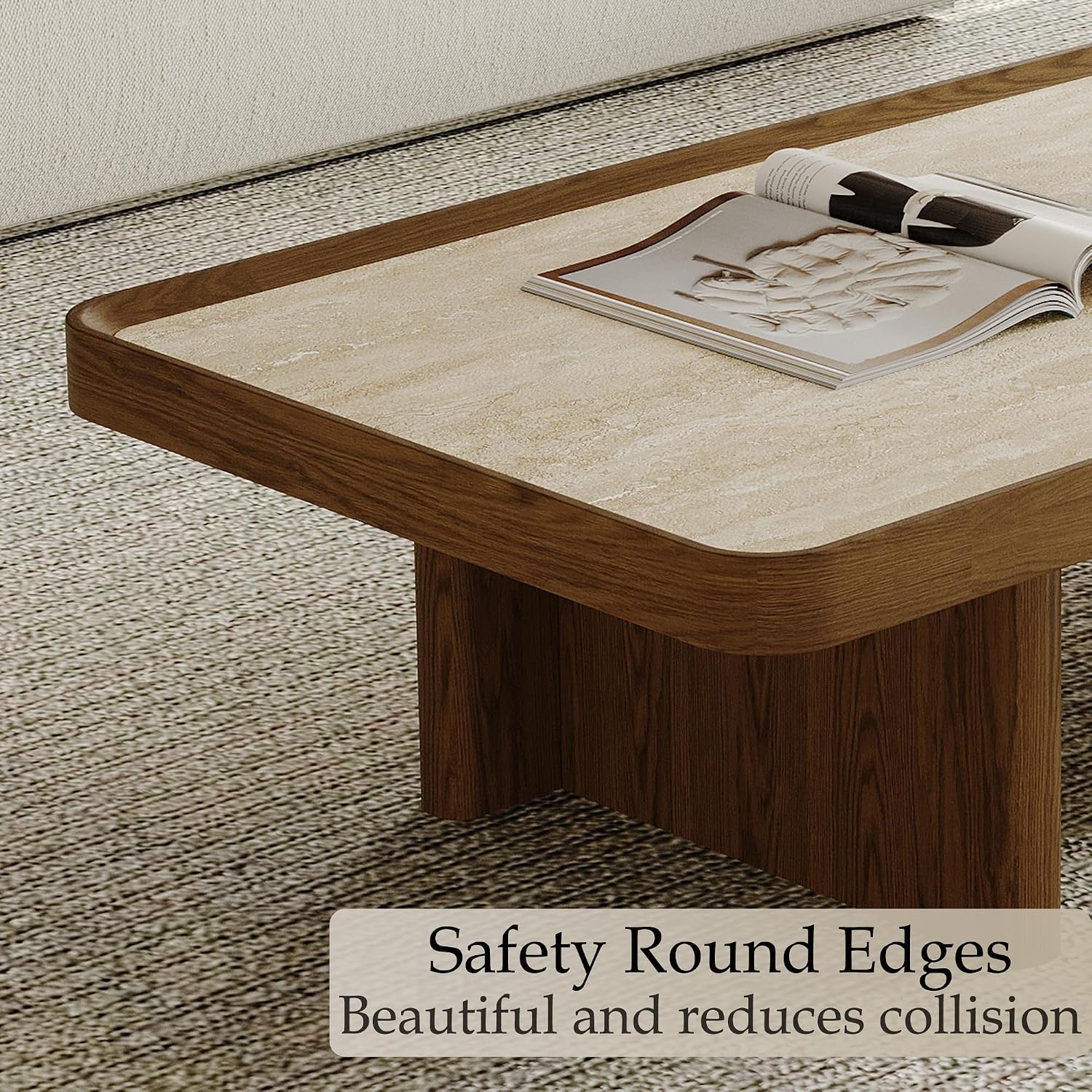 VAFON 51.18'' Square Coffee Table for Living Room, Mid Century Modern Center Tea Table, Sintered Stone Tabletop with Wood Wraps, Wood Base, Minimalist Center Tables, Easy Assembly, Brown