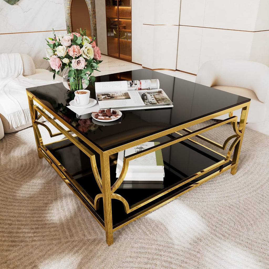 Flieks Square Glass Coffee Table in 33.5',Luxurious Geometric Metal Frame,Gold Finish & Lower Shelf