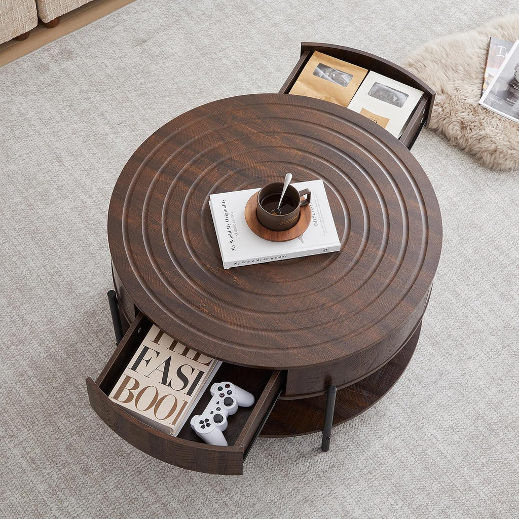 RARZOE 30.5' Round Coffee Table with Storage, Wooden Circle Coffee Table with Drawer, Storage Shelf, Metal Legs，Small Dining Table Accent Center Table for Living Room Home Office Apartment,Dark Brown