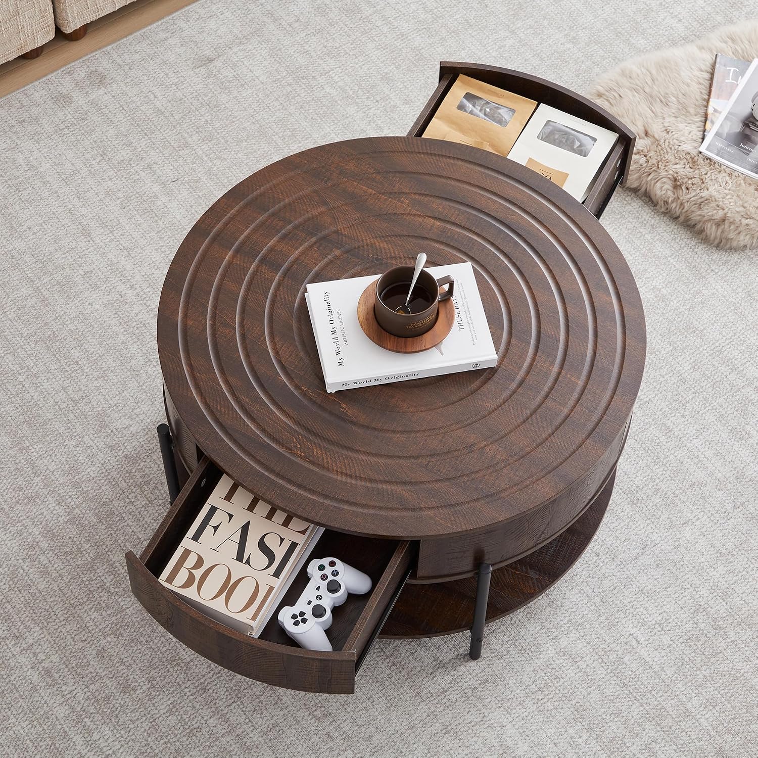 RARZOE 30.5' Round Coffee Table with Storage, Wooden Circle Coffee Table with Drawer, Storage Shelf, Metal Legs，Small Dining Table Accent Center Table for Living Room Home Office Apartment,Dark Brown