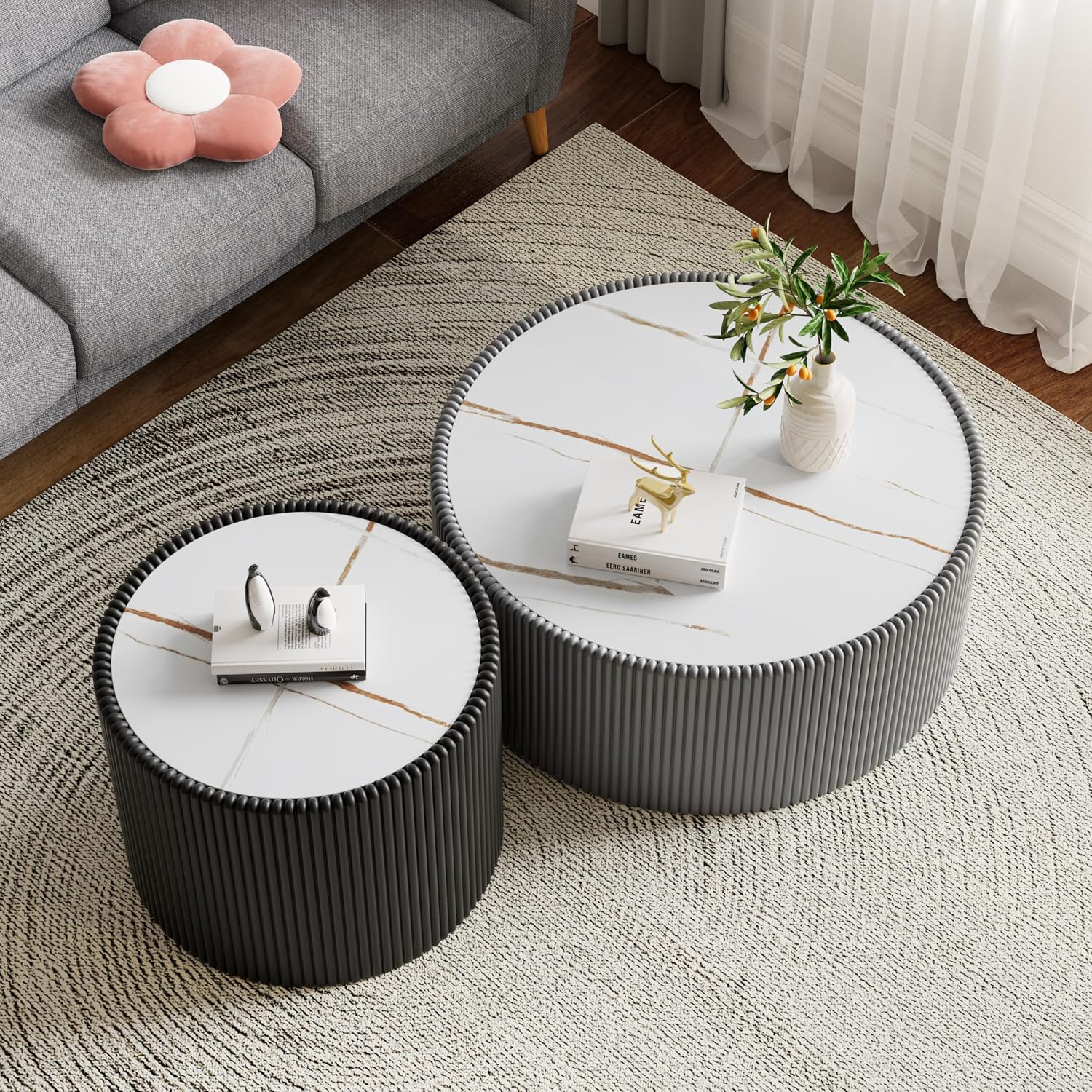 Round Coffee Table Set with Sintered Stone Tabletop, 29.52' Grey Drum Center Table and 17.71' Black Coffee Table Set, 2 Pieces Living Room Table Set with Fluted PU Leather Cover& Stable Base