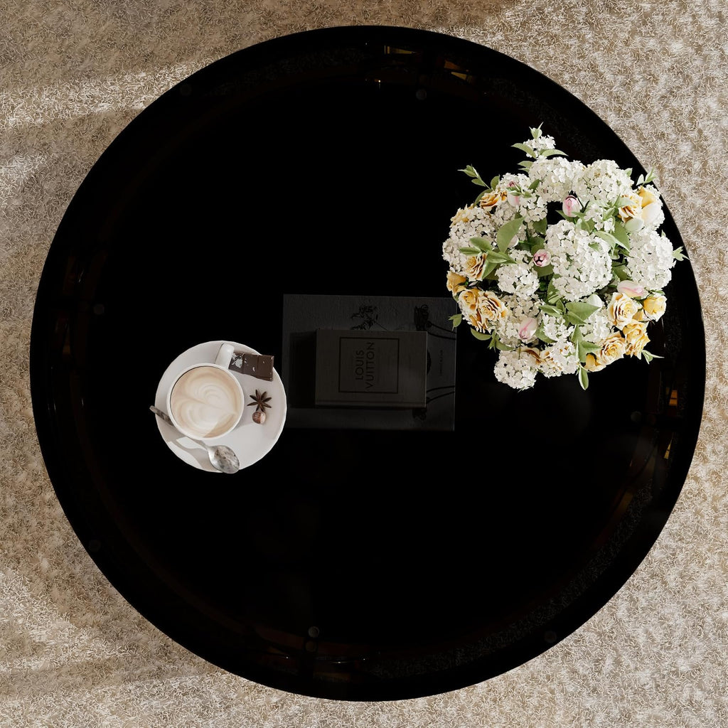 Merax 30.7' Round Tempered Glass Coffee Table, Luxurious Gold Geometric Metal Frame Side Table with Lower Storage Shelf, Modern Accent End Tables for Living Room, Bedroom, Apartment, Office, Black