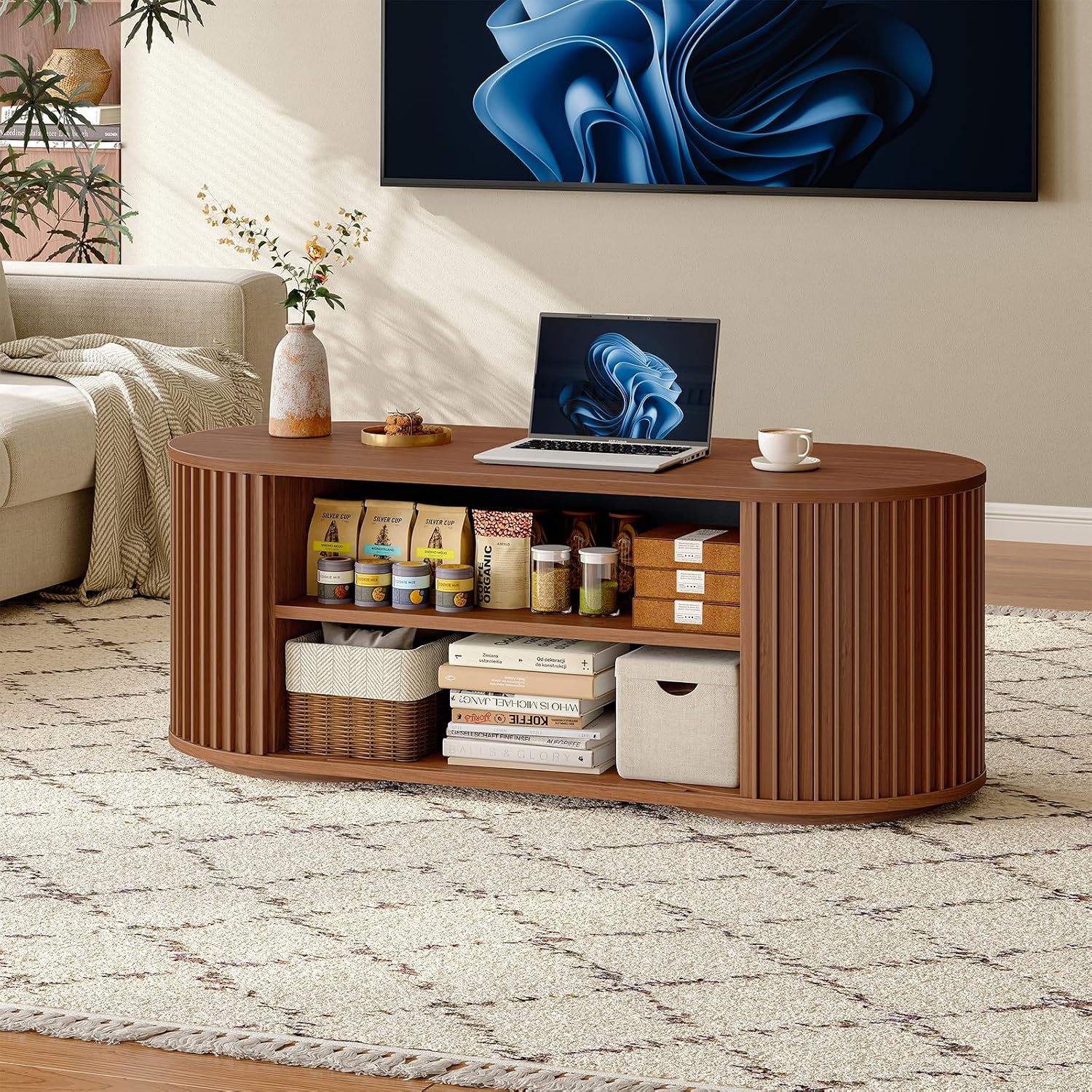 ONBRILL 47' Multi-Functional Coffee Table with Storage, Oval Coffee Table with Vertical Striped Sliding Door & Round Base, Mid-Century Modern Center Table with Adjustable Shelf for Living Room, Walnut