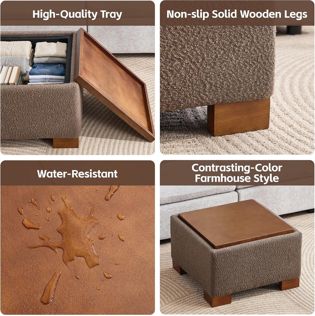 WUTUTUEE 24' Square Ottoman Coffee Table with Storage, Boucle Ottomans with Tray and Solid Wood Legs for Living Room, Bedroom and Apartments, Small Modern Ottoman Tea Table with Lift-Off Lid, Brown