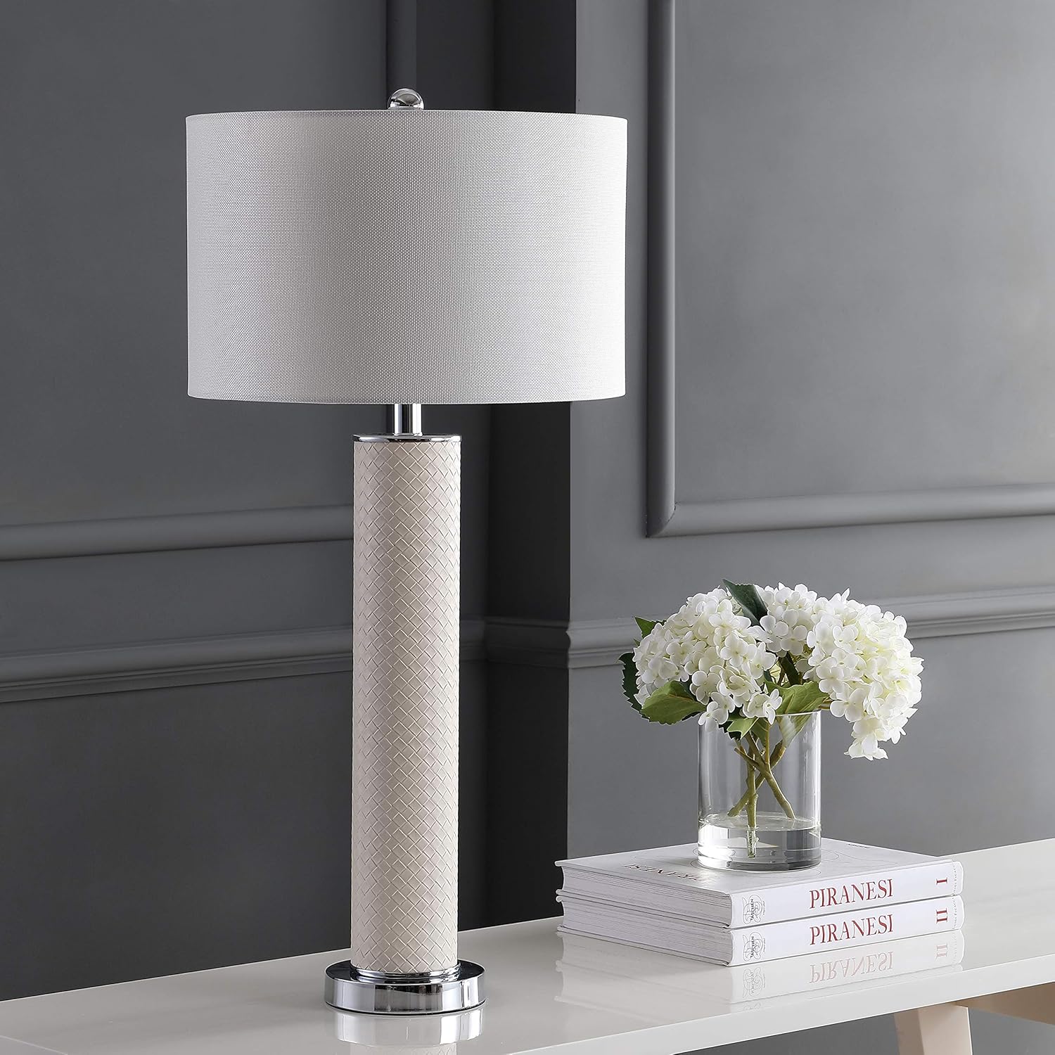 SAFAVIEH Lighting Collection – Set of 2 Ollie Modern Contemporary Cream Faux Woven Leather 32-Inch Table Lamps, LED Bulbs Included, Bedroom Living Room Home Office (LIT4404L-SET2)