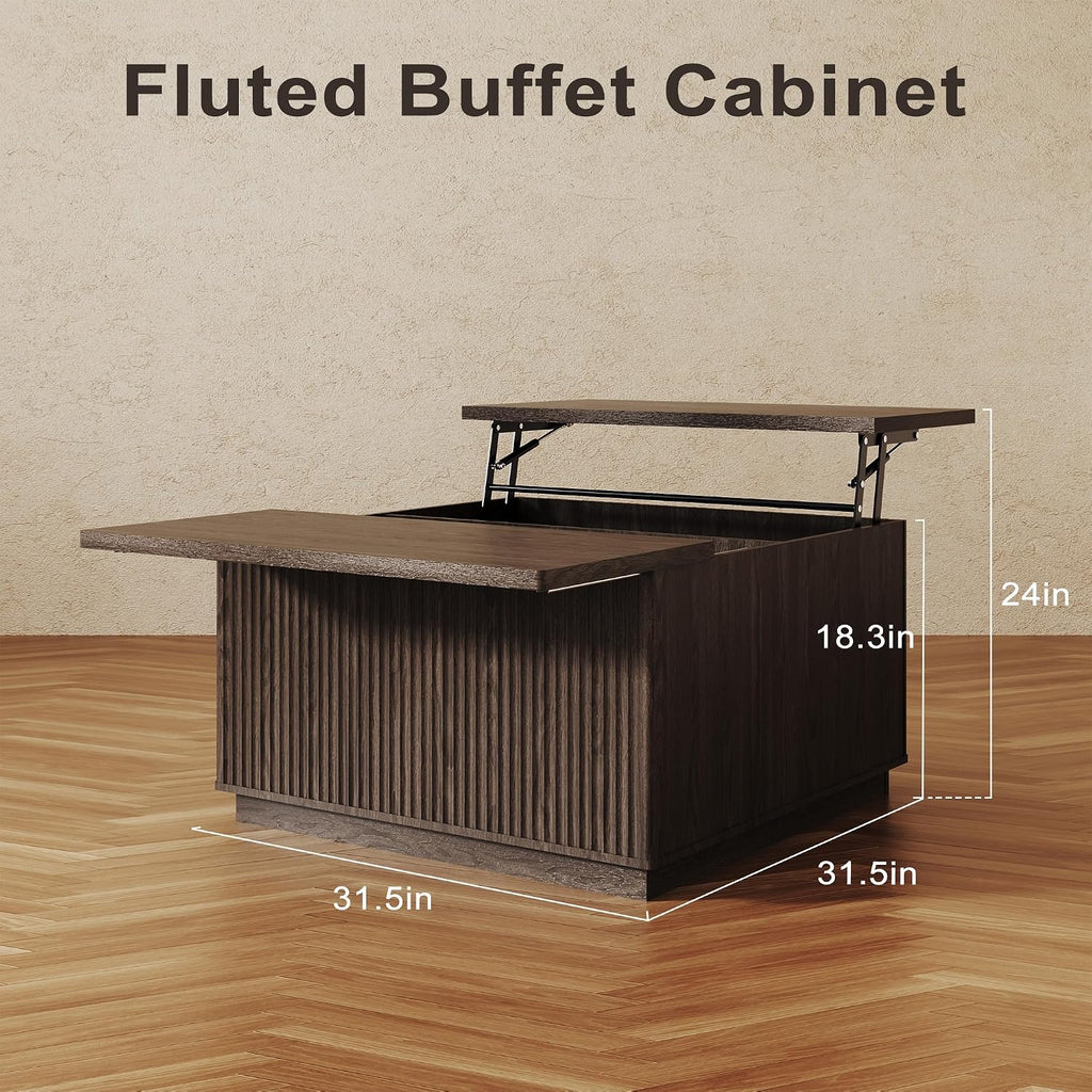 Fluted Coffee Table with Lifting Top, 31.5' Square Coffee Table with Storage, Mid Century Modern Center Table for Living Room, Home Office, Dark Gray