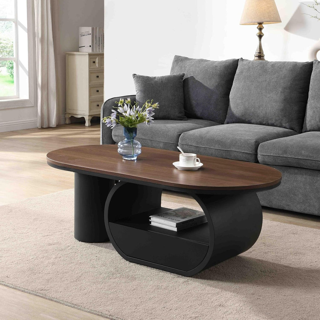 Luxury Black Oval Coffee Table, 47'' Modern Living Room Table with Storage Drawer, Rustic Walnut Top MDF, Sturdy Metal Base, Large Center Tables for Home Apartment
