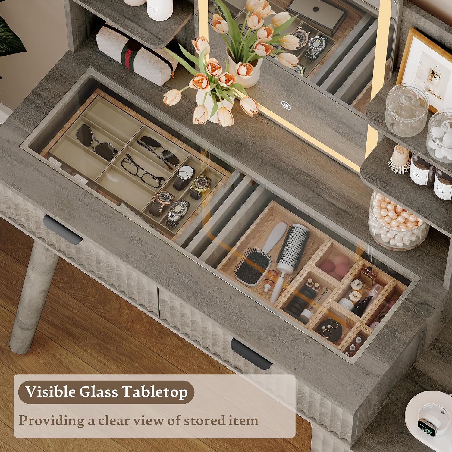 Xixini Fluted Vanity Desk with Mirror and Lights, Glass Top Makeup Table Set with 5 Drawers, Power Outlet & Storage Cabinet, Large Dressing Table with RGB Ambient Light for Bedroom Women Girls, Grey
