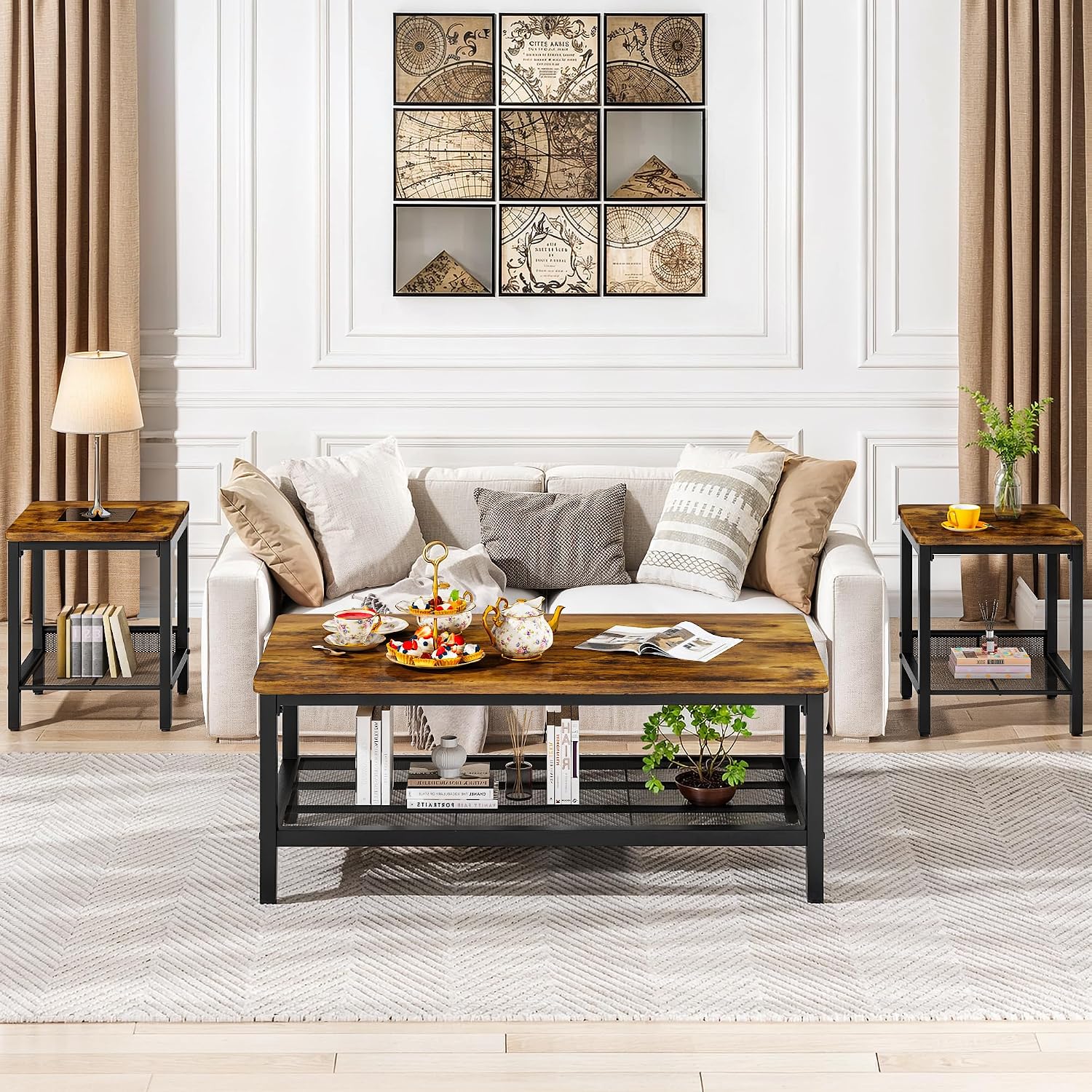 Recaceik 3-Piece Living Room Coffee Table Set, Industrial Coffee Table with 2 Square End Side Tables, Modern Living Room Table Set with Metal Frame for Apartment Home Office (Rustic Brown)