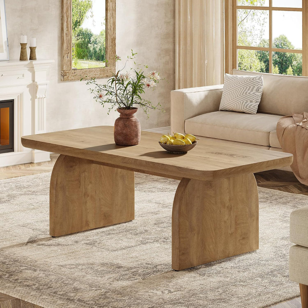Tribesigns Farmhouse Coffee Table for Living Room, 47-Inch Mid-Century Rectangular Center Table with Rounded Corners, Modern Low Large Cocktail Tea Furniture, Easy Assembly (Natural Brown)