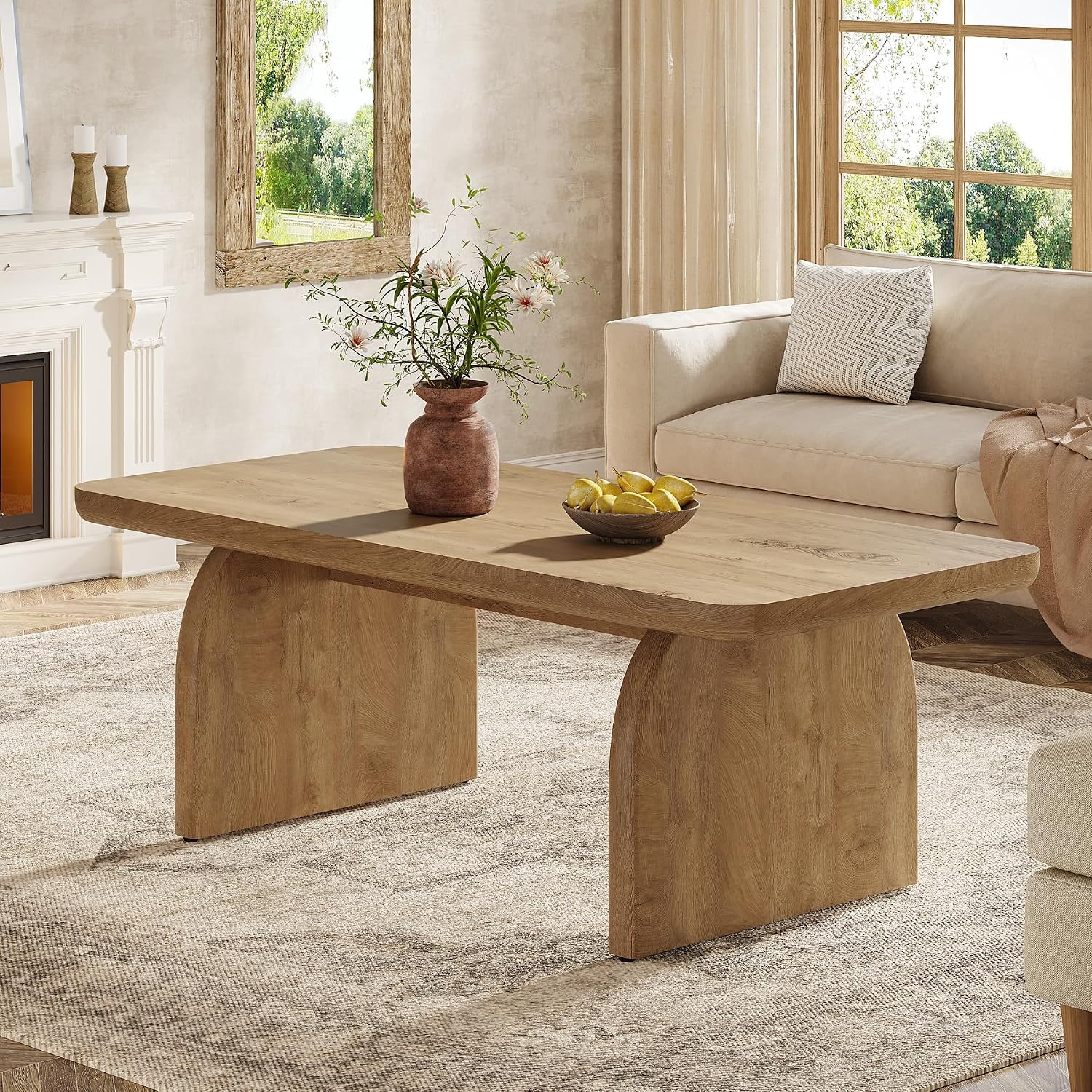 Tribesigns Farmhouse Coffee Table for Living Room, 47-Inch Mid-Century Rectangular Center Table with Rounded Corners, Modern Low Large Cocktail Tea Furniture, Easy Assembly (Natural Brown)