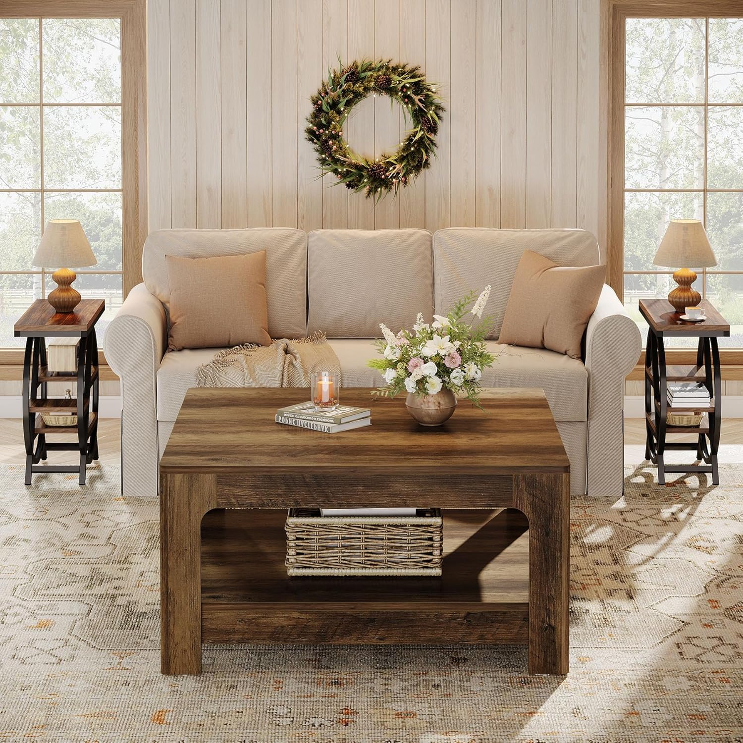 Tribesigns Square Coffee Table with Storage, 39.4-Inch Large Farmhouse Wooden Center Tea Accent Table for Living Room, Rustic Brown