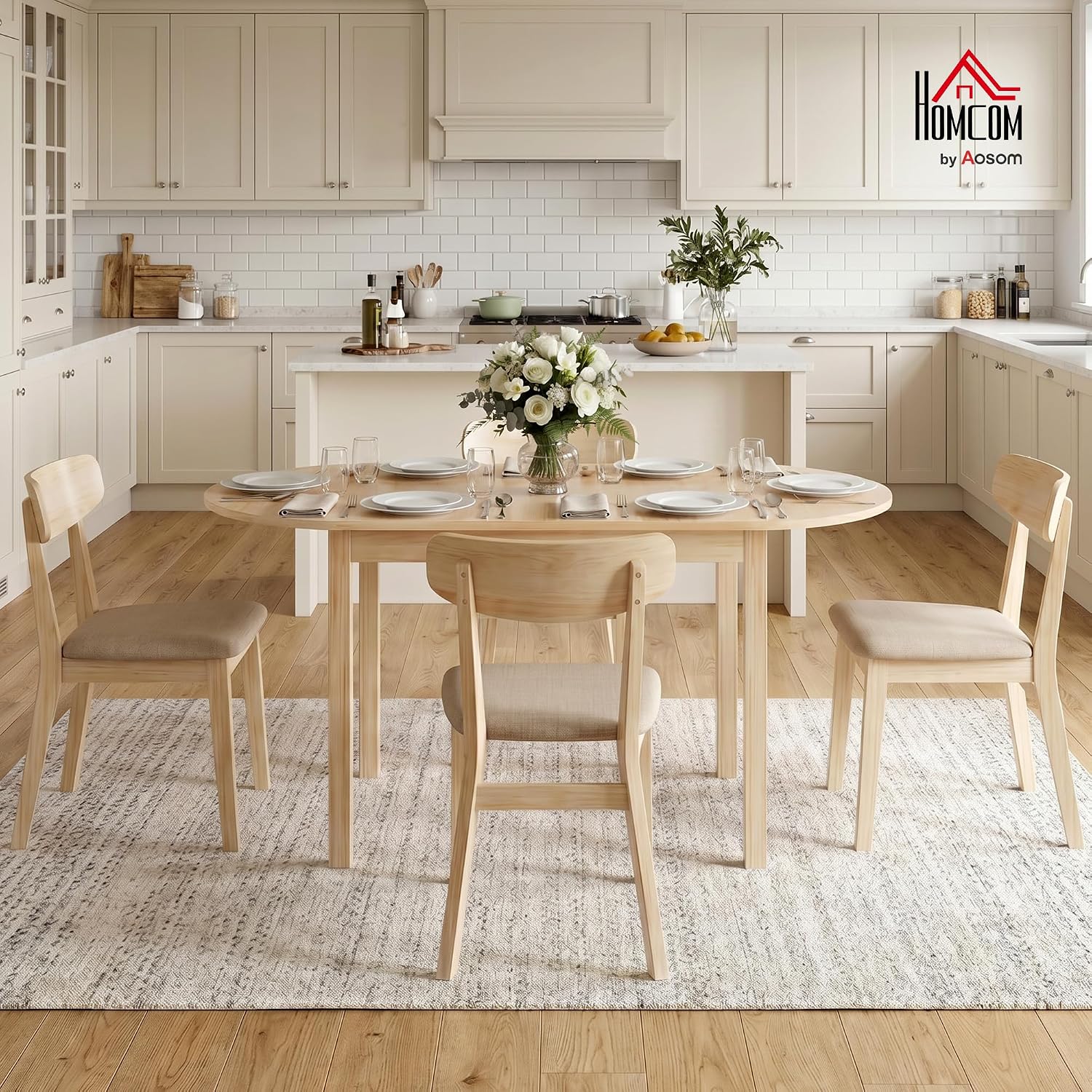 HOMCOM 55' Solid Wood Kitchen Table for 4-6 People, Oval Drop Leaf Tables for Small Spaces, Folding Dining Table, Natural