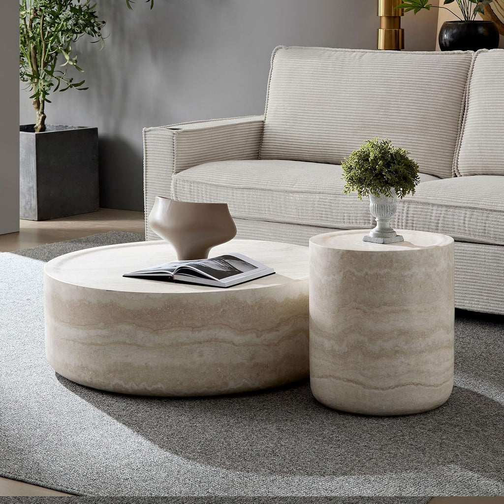 35.43' Marble Travertine Round Drum Coffee Table for Living Room, Modern Circle Center Side Table End Table for Living Room, Apartment, Office, No Need Assembly, Marble Stone Shape