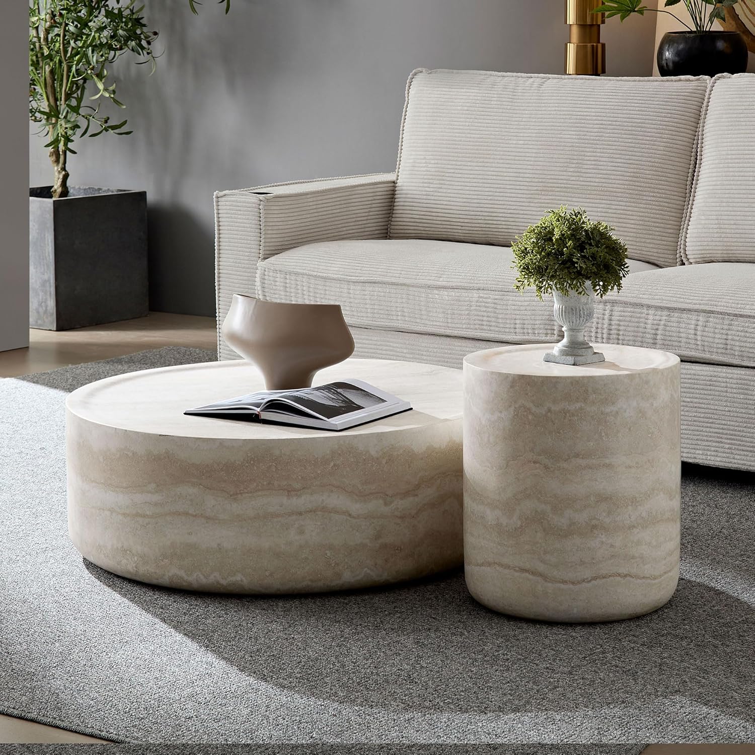 35.43' Marble Travertine Round Drum Coffee Table for Living Room, Modern Circle Center Side Table End Table for Living Room, Apartment, Office, No Need Assembly, Marble Stone Shape