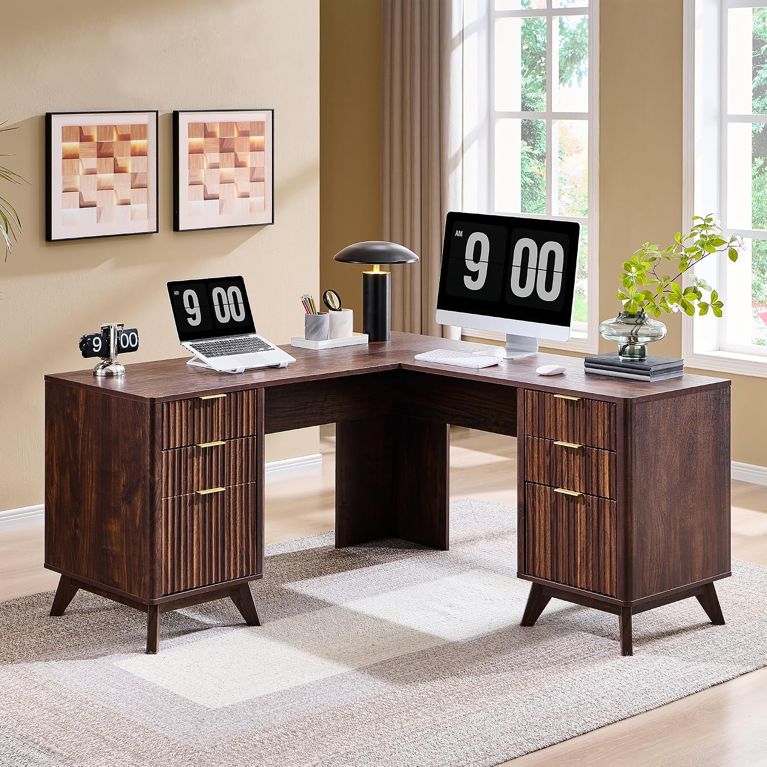 T4TREAM 60'' Fluted Executive L Shaped Desk, Modern Home Office Desk with Charging Station and File Drawer, Computer Corner Desks with Drawers & Storage Cabinet for Office Home, Bedroom, Dark Walnut