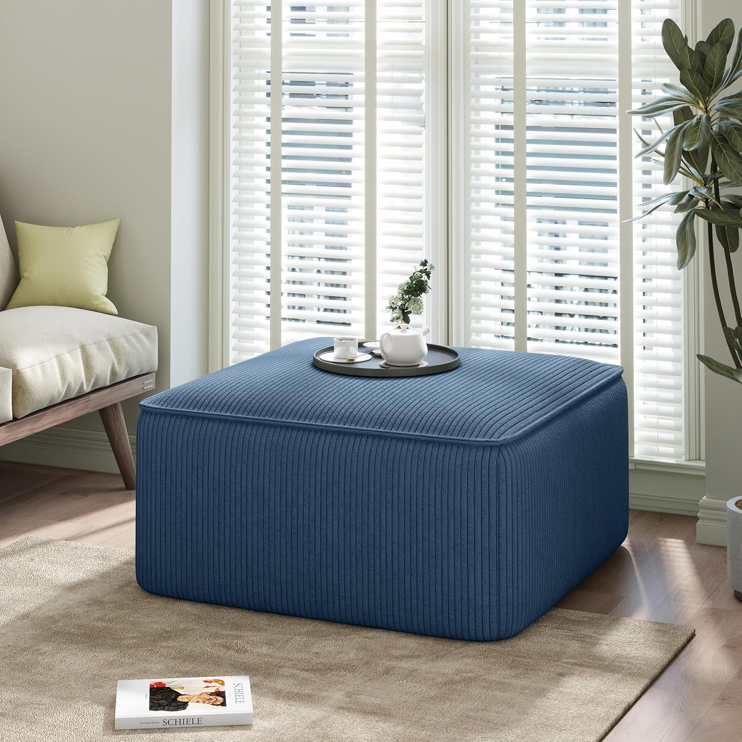 Christopher Knight Home Isa Corduroy Ottoman Footstool, Square Pouf Poufee Footrest Ottoman Large Seat, Modern Side Table for Living Room Bedroom Home Decor, Navy Blue, 30'